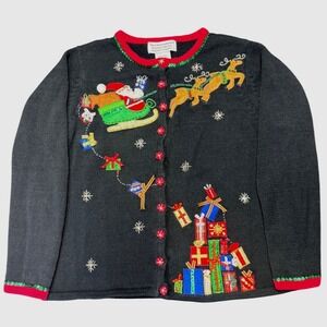 Tiara International Christmas sweater XL Santa sleigh reindeer gifts sequin knit